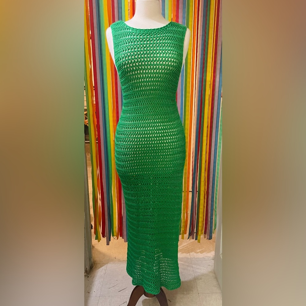 🌴 NWOT SHEIN 🌴 Crochet Kelly Green Knit Bodycon Dress or Summer Cover-Up 🌴